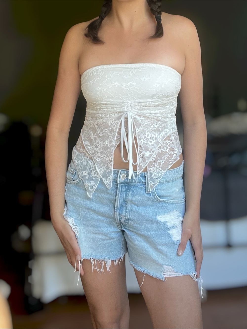 Strapless White Lace Drawstring Bustier Top